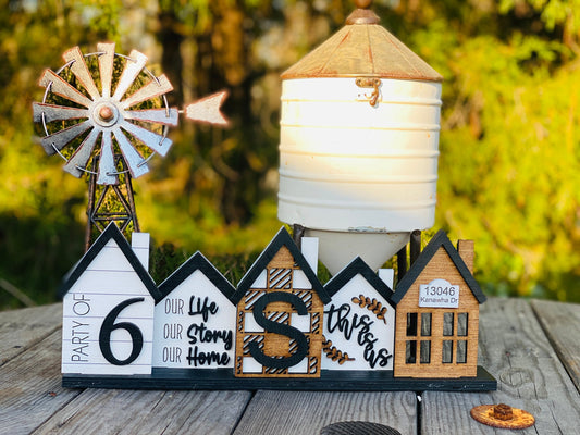 Standing houses centerpiece, family home, mantle decor, personalized gifts, farmhouse decor, Rae dunn decor, table centerpiece, table decor