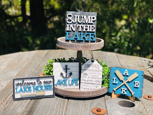 Lake life tier tray, home decor, jump in the lake, lake house, welcome, lake life, lake rules, beaches be salty, summer decor