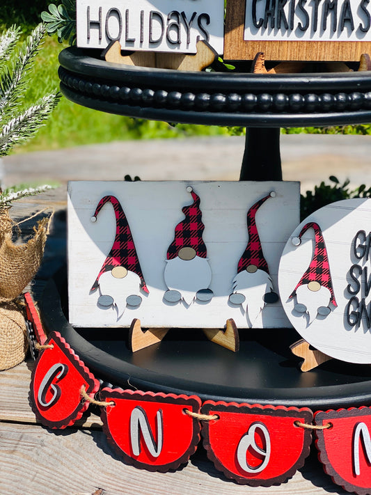 gnome for the holidays tiered tray set, home decor, Rae Dunn, gnomes, gnome sweet gnome,I’ll be gnome for Christmas, Buffalo plaid,holidays