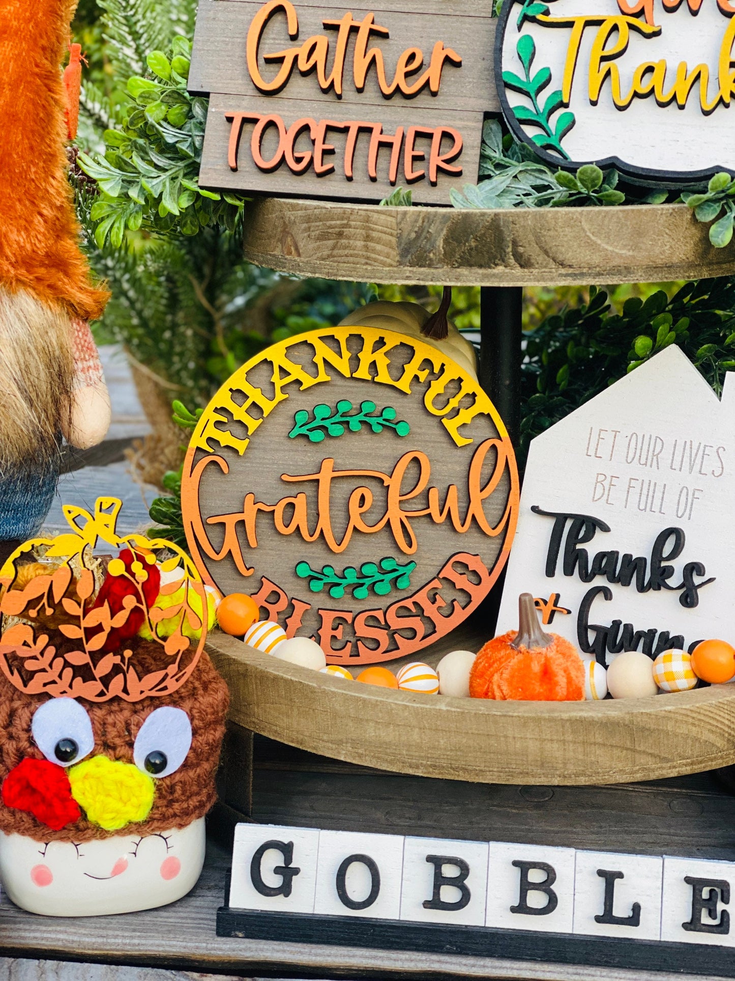 Fall tier tray decor, home decor, autumn, farmhouse, thanksgiving tier tray, 3d, mini signs, give thanks, gobble, drip gravy over me