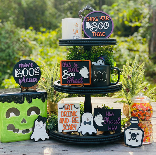 Hey boo, tier tray decor, home decor, Boo sheet, Ghouls, Shake your boo thang, poison, Rae dunn decor, Eat drink be scary, Halloween decor