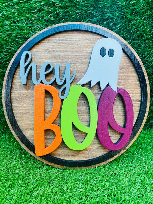 Hey Boo, Halloween round, decorative tray sign, home decor, Halloween decor, happy Halloween, ghost, boo, farmhouse decor