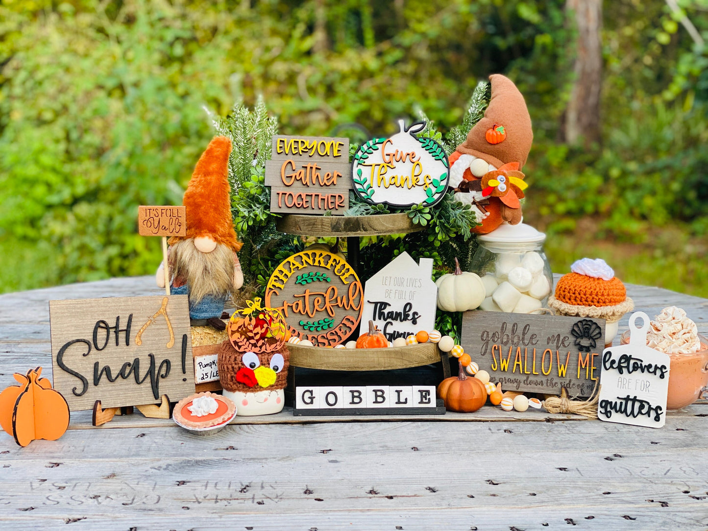 Fall tier tray decor, home decor, autumn, farmhouse, thanksgiving tier tray, 3d, mini signs, give thanks, gobble, drip gravy over me