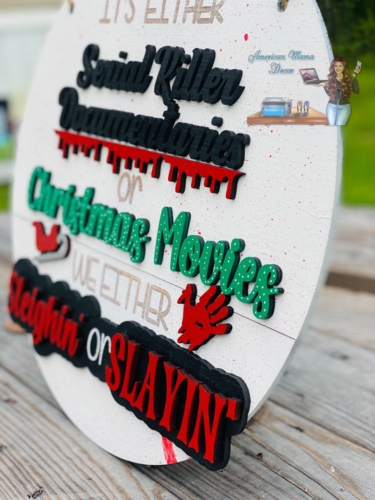 Serial killer documentaries door hanger, sleighing, slaying, Christmas movies, Santa, home decor, true crime, bloody hand, Santa’s sleigh