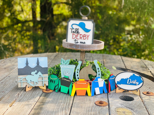 Kentucky derby tier tray set, tier tray decor, talk derby to me, lucky, horseshoe, jockey, race horse, jockey silks, hutch decor