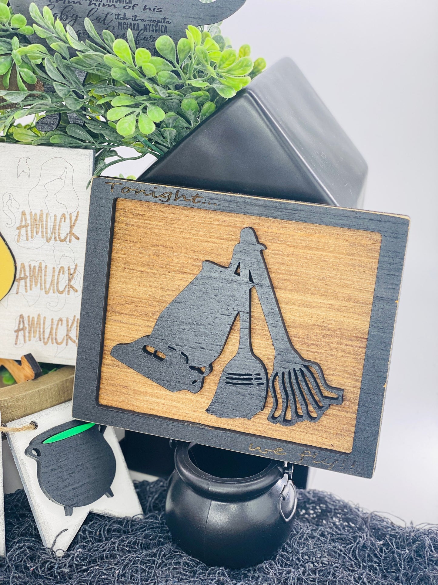 Witch tiered tray decor,home decor,Halloween, spellbook,black cat,put a spell on you,smell children,broom rides,we fly tonight,witches