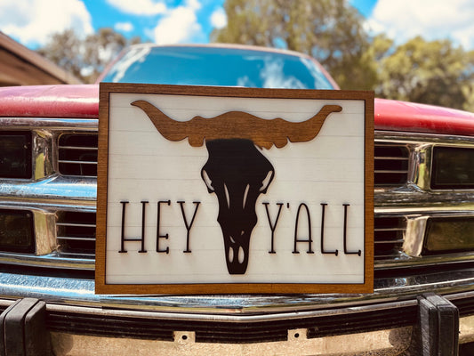 Welcome sign, home decor, hey yall, cow head, western, country decor, farmhouse, wall hanging, hey, yall, country house, cow, horns, rustic