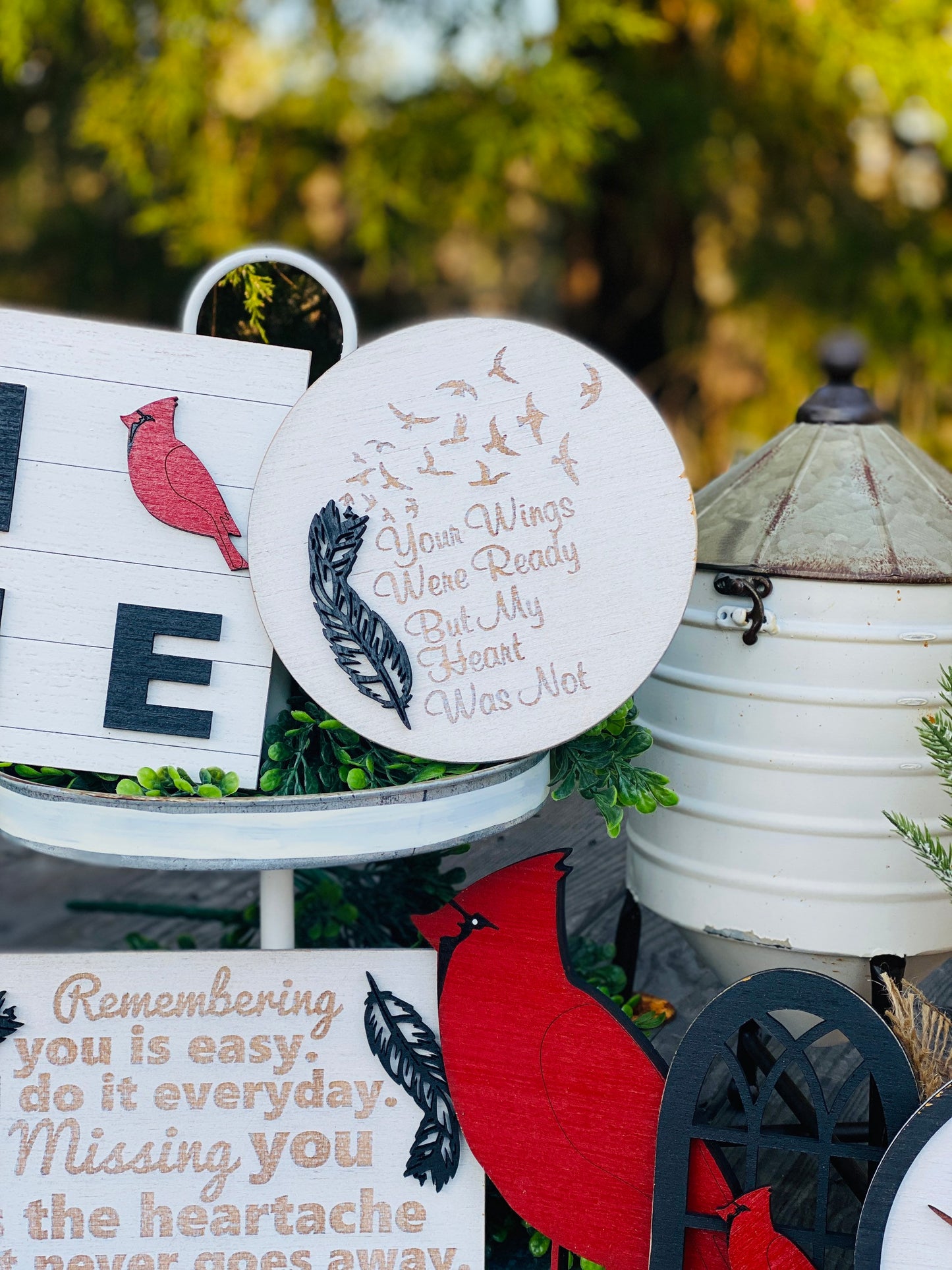 Memorial tier tray decor, cardinals, home decor, Rae dunn decor, angels appears, missing you, wings were ready, farmhouse decor, tier tray