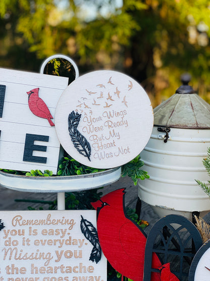 Memorial tier tray decor, cardinals, home decor, Rae dunn decor, angels appears, missing you, wings were ready, farmhouse decor, tier tray