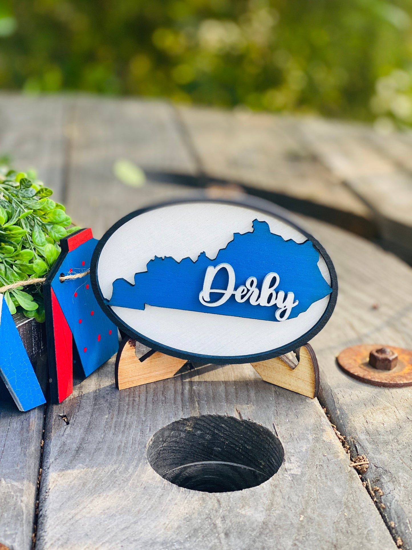 Kentucky derby tier tray set, tier tray decor, talk derby to me, lucky, horseshoe, jockey, race horse, jockey silks, hutch decor