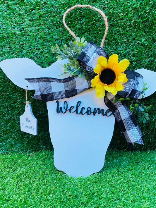 Cow with ear tag door hanger home decor , hey heifer, ear tag FREE SHIPPING