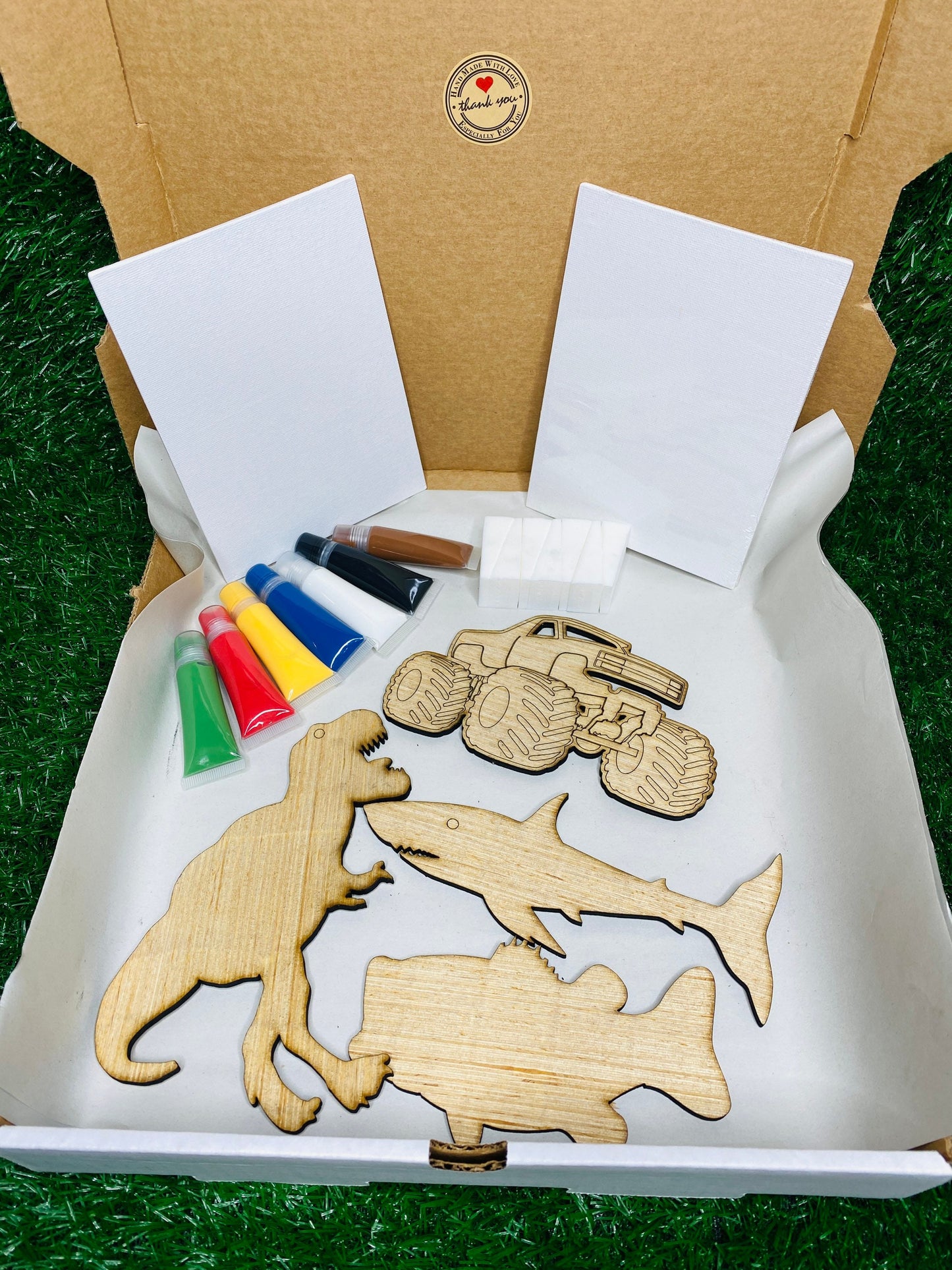Kids DIY paint kit for boys, wood cutouts, monster truck, shark, fish, dinosaur, paint, DIY, summer crafts, imagination, creativity