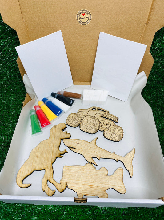 Kids DIY paint kit for boys, wood cutouts, monster truck, shark, fish, dinosaur, paint, DIY, summer crafts, imagination, creativity