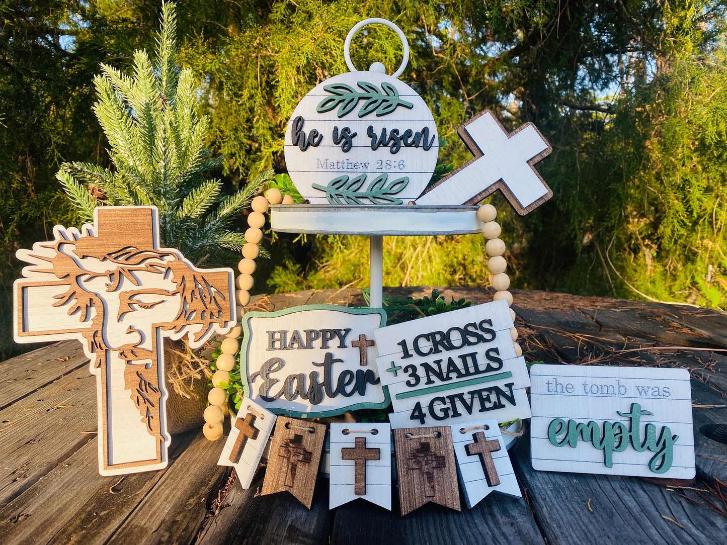 Easter tier tray decor, tier tray set, Rae dunn decor, mini signs, 3d, tier tray signs, Jesus, 1 cross 3 nails, tomb was empty, he is risen