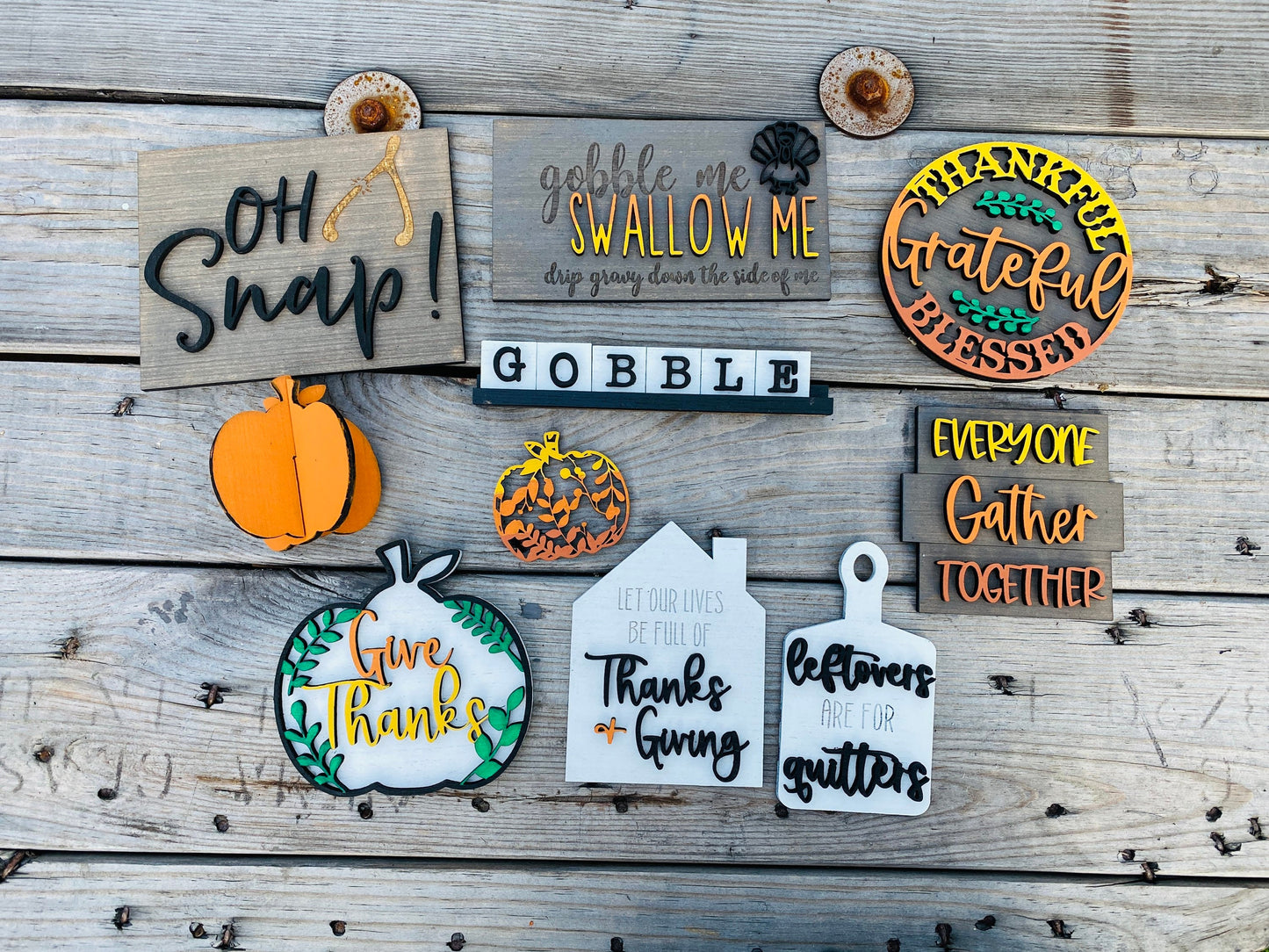 Fall tier tray decor, home decor, autumn, farmhouse, thanksgiving tier tray, 3d, mini signs, give thanks, gobble, drip gravy over me