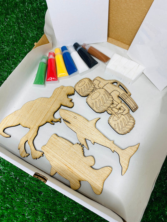 Kids DIY paint kit for boys, wood cutouts, monster truck, shark, fish, dinosaur, paint, DIY, summer crafts, imagination, creativity