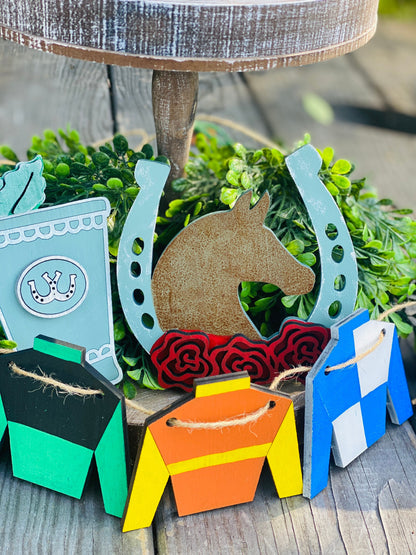 Kentucky derby tier tray set, tier tray decor, talk derby to me, lucky, horseshoe, jockey, race horse, jockey silks, hutch decor