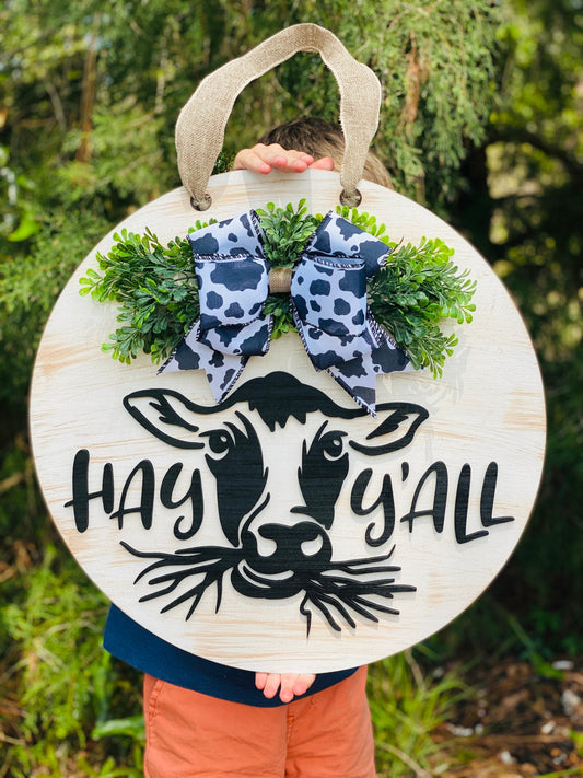 Hay y’all door hanger, door decor, home decor, farmhouse, rustic , cow decor, farm, cow print