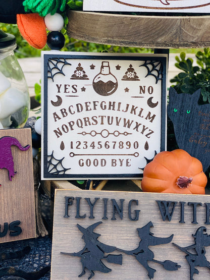 Witches tier tray set, home decor, crystal ball, Witch sisters, ouija board, seance, billy, we fly, halloween,mini signs, brooms, spell book