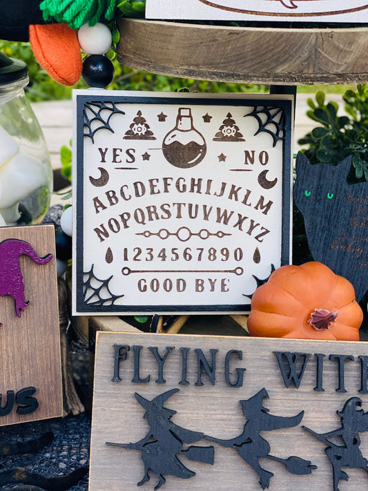 Witches tier tray set, home decor, crystal ball, Witch sisters, ouija board, seance, billy, we fly, halloween,mini signs, brooms, spell book