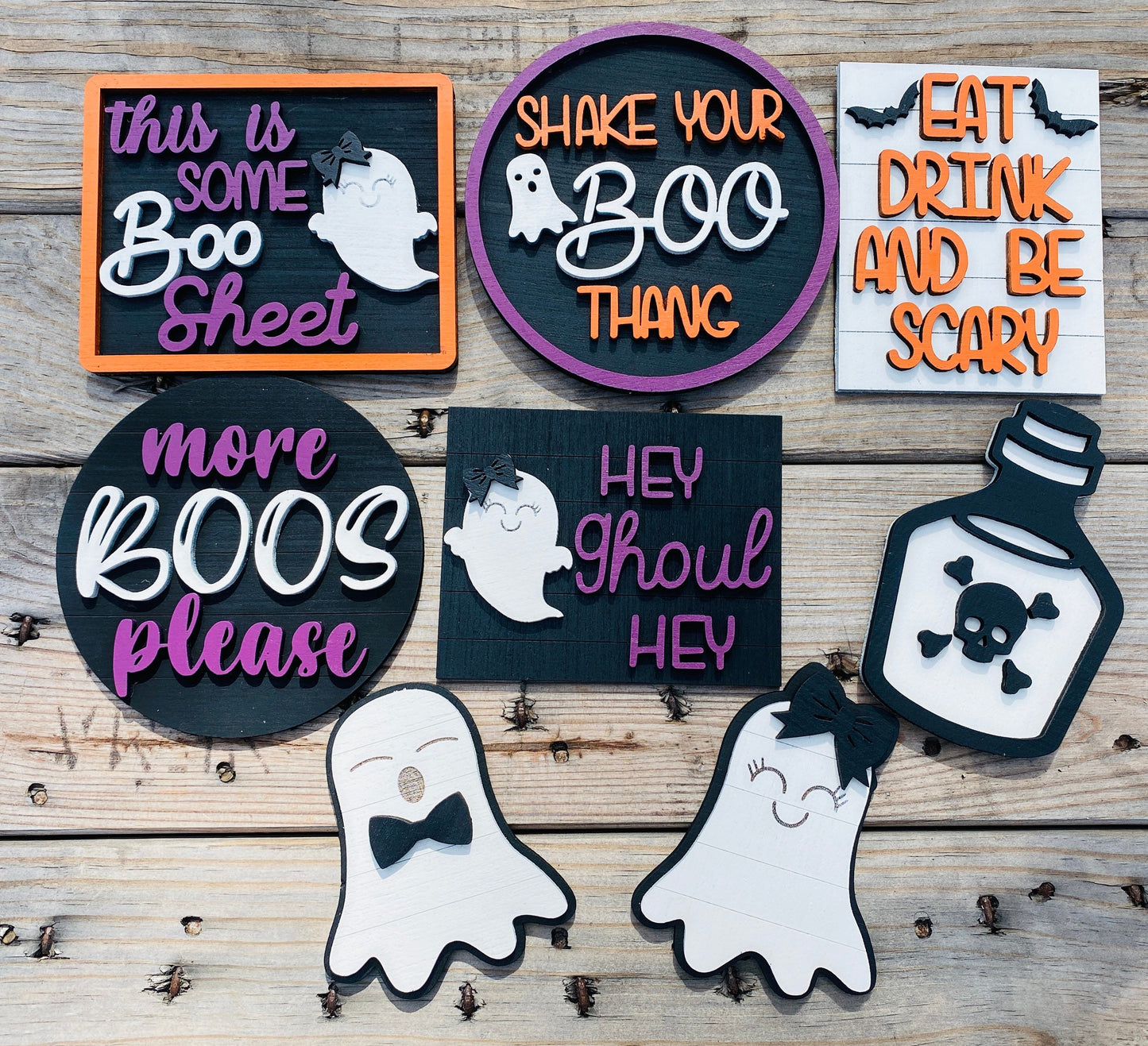Hey boo, tier tray decor, home decor, Boo sheet, Ghouls, Shake your boo thang, poison, Rae dunn decor, Eat drink be scary, Halloween decor