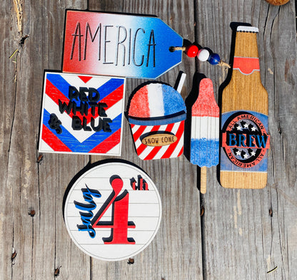 July 4th tier tray decor, 4th of July, Independence Day, USA, red white and blue, all American brew, Rae dunn decor, home decor