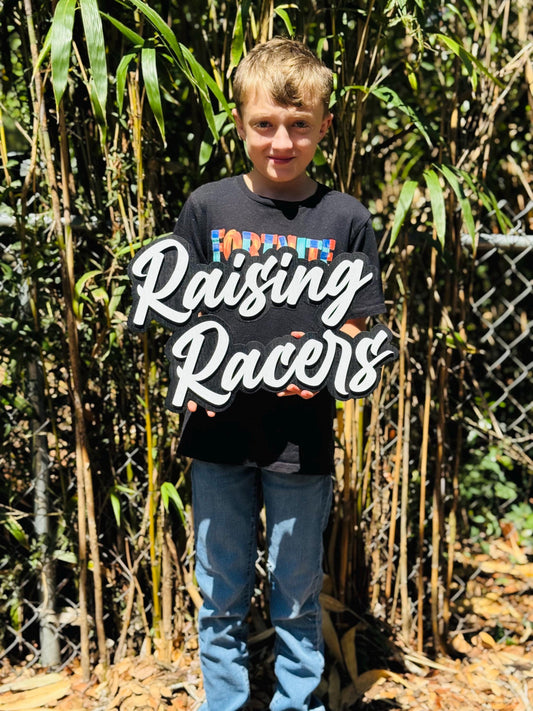 Raising Racers Wood Sign – Handcrafted Racing Family Decor | Gift for Racing Moms, Dads, and Kids | Motorsports-Inspired Wall Art