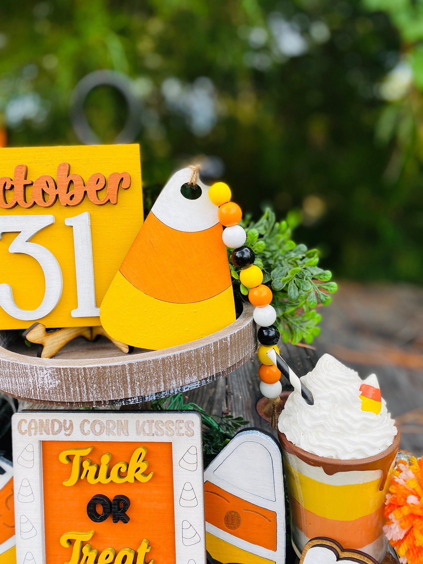 October 31 / candy corn / tier tray decor / boo / Rae dunn decor / hutch decor / Halloween / home decor / trick or treat / show me the candy