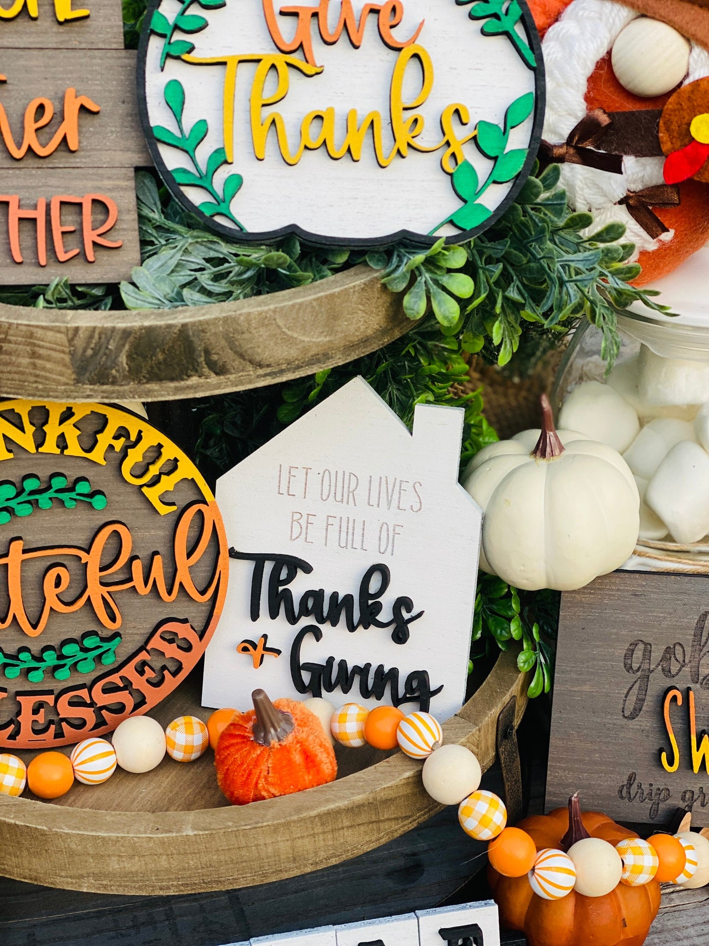 Fall tier tray decor, home decor, autumn, farmhouse, thanksgiving tier tray, 3d, mini signs, give thanks, gobble, drip gravy over me