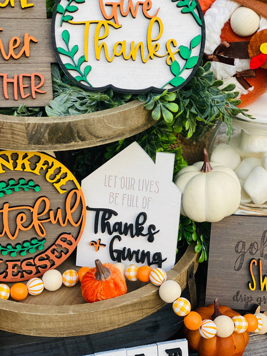 Fall tier tray decor, home decor, autumn, farmhouse, thanksgiving tier tray, 3d, mini signs, give thanks, gobble, drip gravy over me