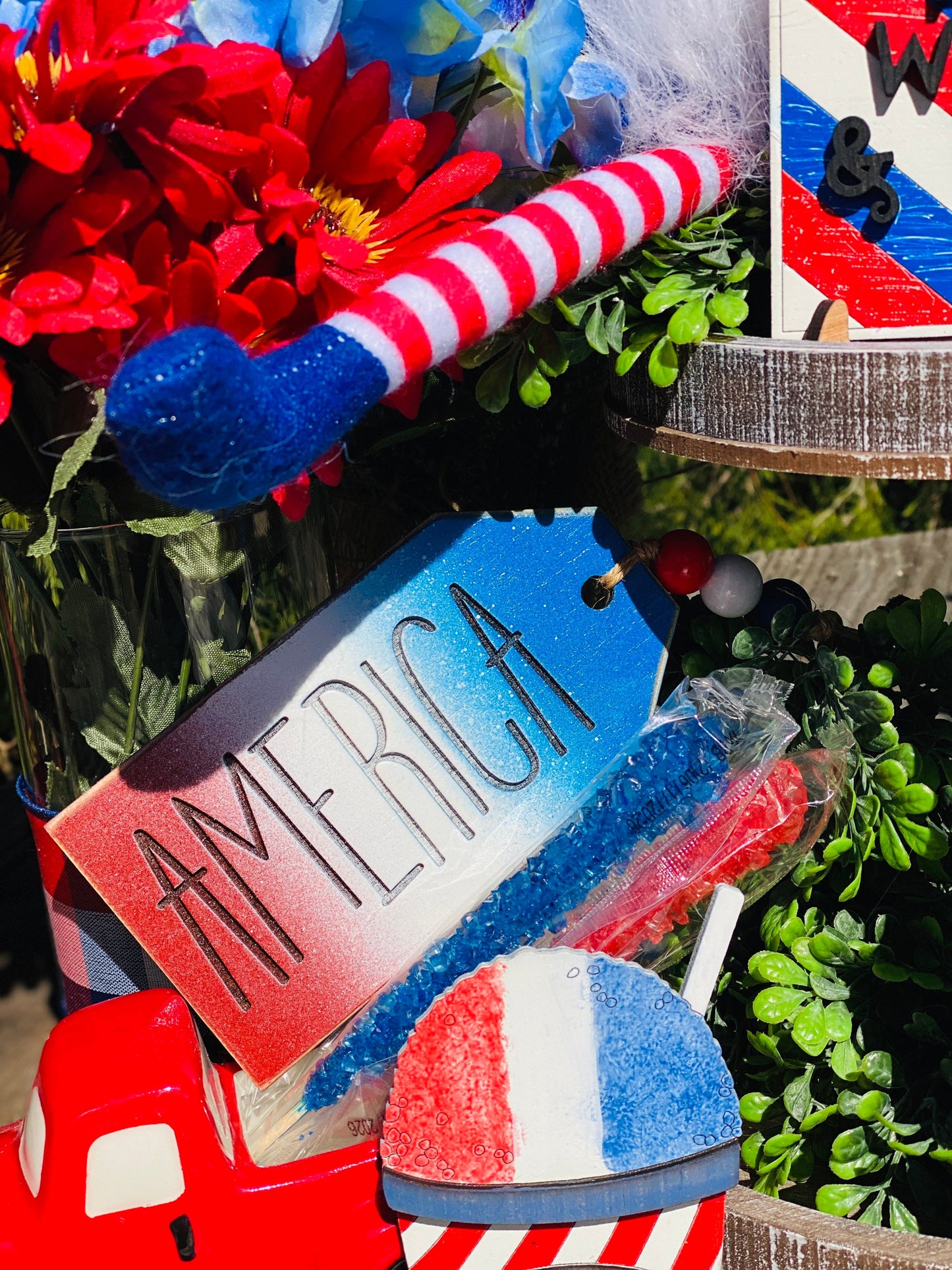 July 4th tier tray decor, 4th of July, Independence Day, USA, red white and blue, all American brew, Rae dunn decor, home decor