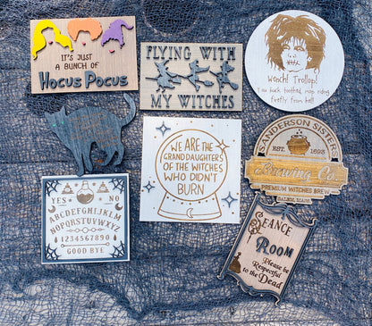 Witches tier tray set, home decor, crystal ball, Witch sisters, ouija board, seance, billy, we fly, halloween,mini signs, brooms, spell book