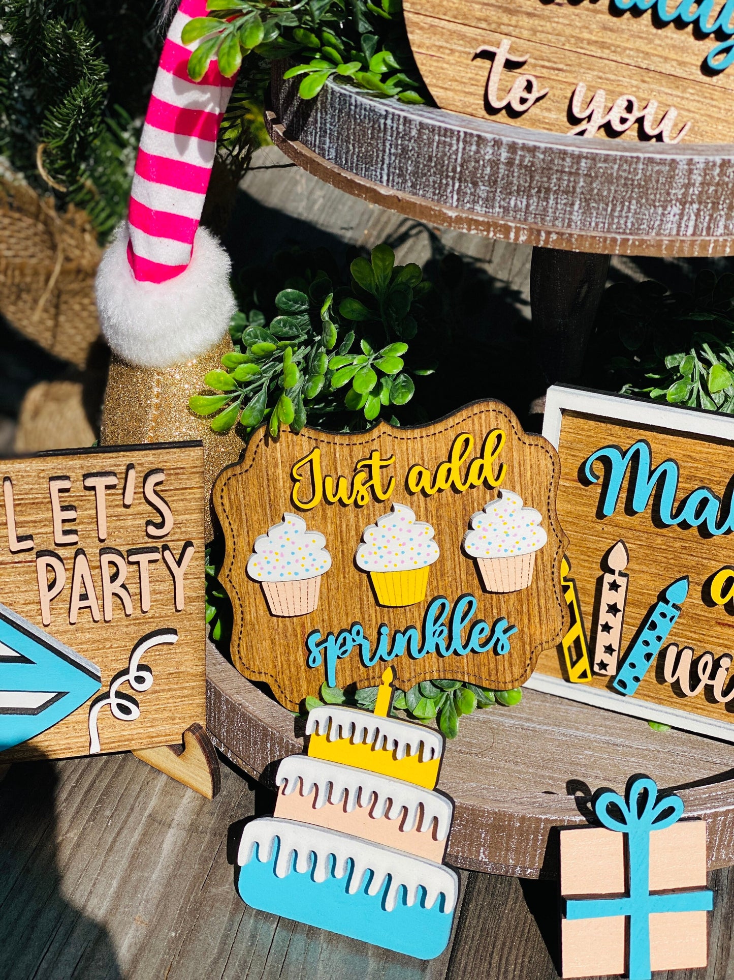 Happy Birthday tier tray decor, just add sprinkles, birthday home decor, birthday party decor, birthday tier tray signs, Rae dunn decor