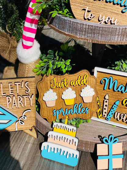 Happy Birthday tier tray decor, just add sprinkles, birthday home decor, birthday party decor, birthday tier tray signs, Rae dunn decor
