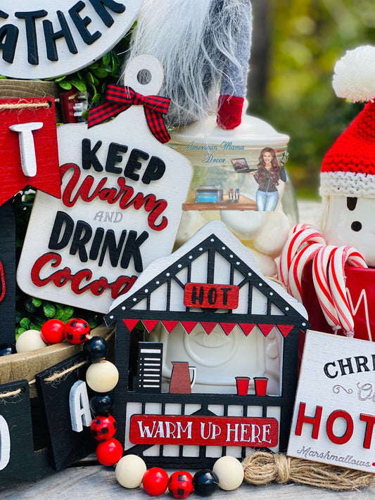 Hot cocoa bar, tier tray decor, hot chocolate, home decor, Christmas decor, stocking stuffers, peppermint sticks, candy canes, marshmallows