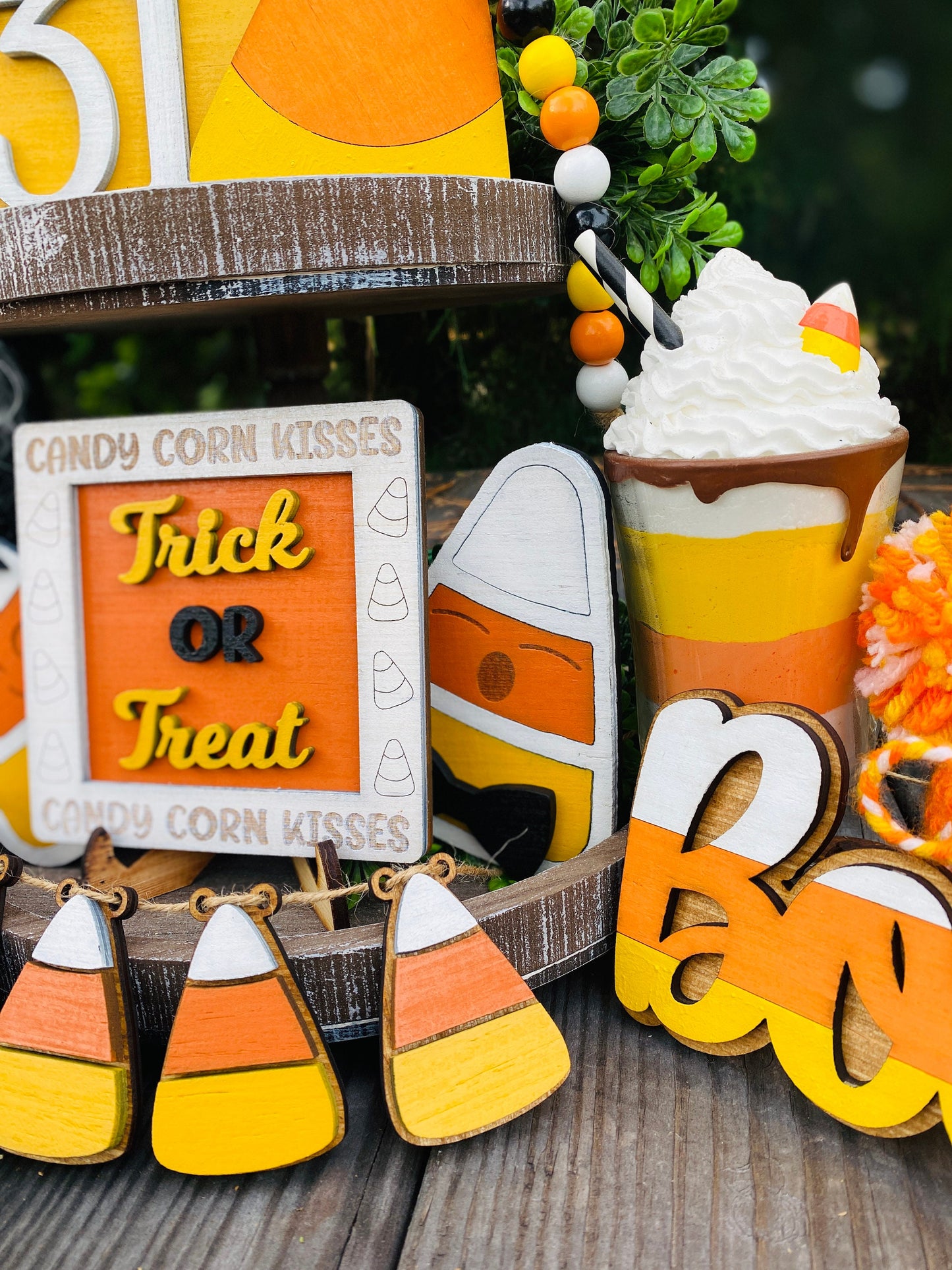 October 31 / candy corn / tier tray decor / boo / Rae dunn decor / hutch decor / Halloween / home decor / trick or treat / show me the candy