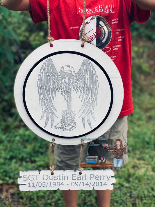 Personalized battlefield cross with angel wings door hanger, wall decor, soldiers cross, in memory of, military cross, ptsd awareness
