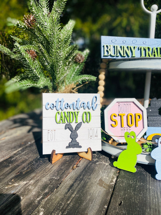 Easter bunny tier tray decor, tier tray set, Rae dunn decor, mini signs, 3d, tier tray signs, Easter, cottontail candy co, bunny trail