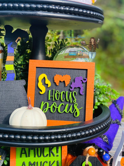Witches tier tray decor, Halloween tier tray decor, home decor, witch spells, Rae dunn decor, Witch sisters, witches, broom rides