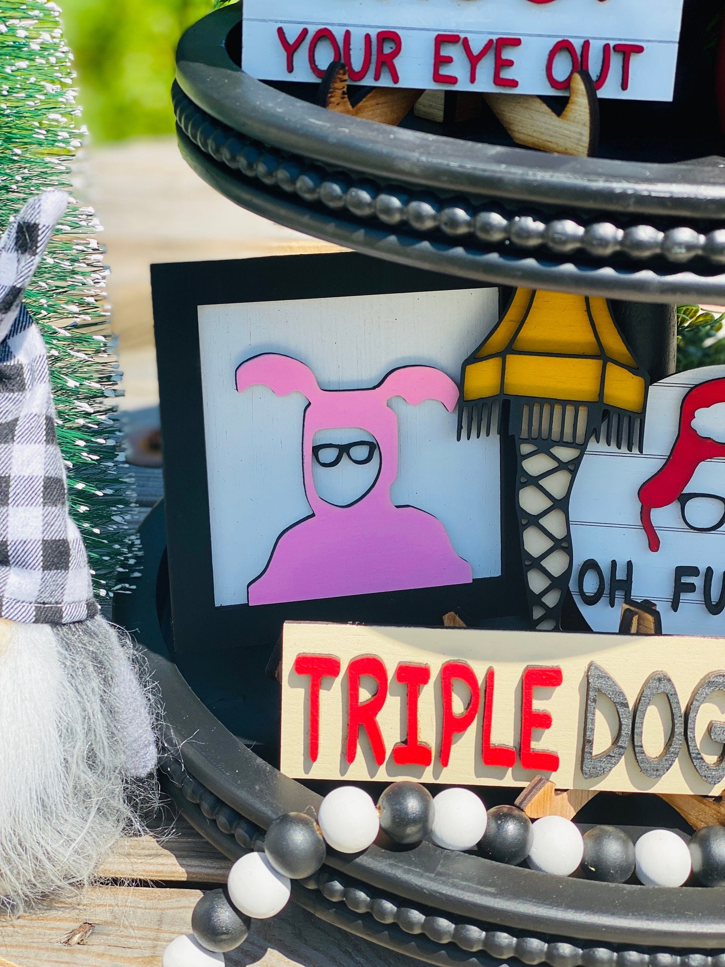 Christmas tier tray decor,Christmas story,shoot your eye out kid,Red Ryder,oh fudge,Christmas story house,fragile box,home decor,leg lamp