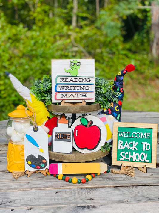 Back to school tiered tray set, mini signs, teacher decor, classroom decor, homeschool, virtual school, gifts for teachers, gift for mom