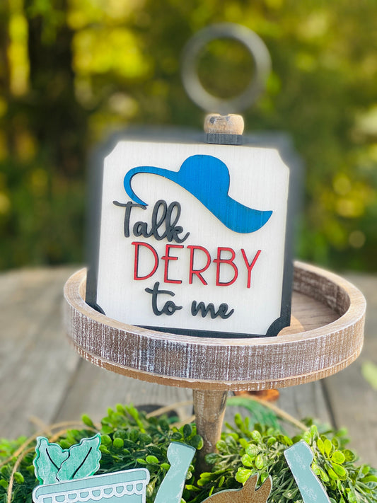 Kentucky derby tier tray set, tier tray decor, talk derby to me, lucky, horseshoe, jockey, race horse, jockey silks, hutch decor