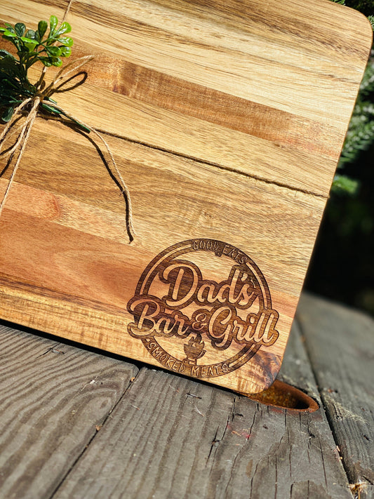 Acacia cutting board, Father’s Day gift, gift for grandpa, uncle, dad, brother, husband, dads bar, dads grill, smoked meats, good eats