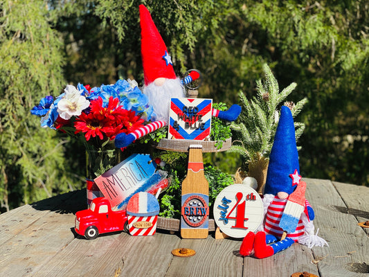 July 4th tier tray decor, 4th of July, Independence Day, USA, red white and blue, all American brew, Rae dunn decor, home decor