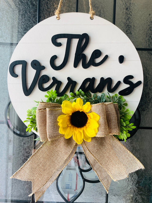Custom family name door hanger, shiplap, farmhouse, burlap bow, sunflowers, personalized gifts, custom orders, realtor gifts, home decor