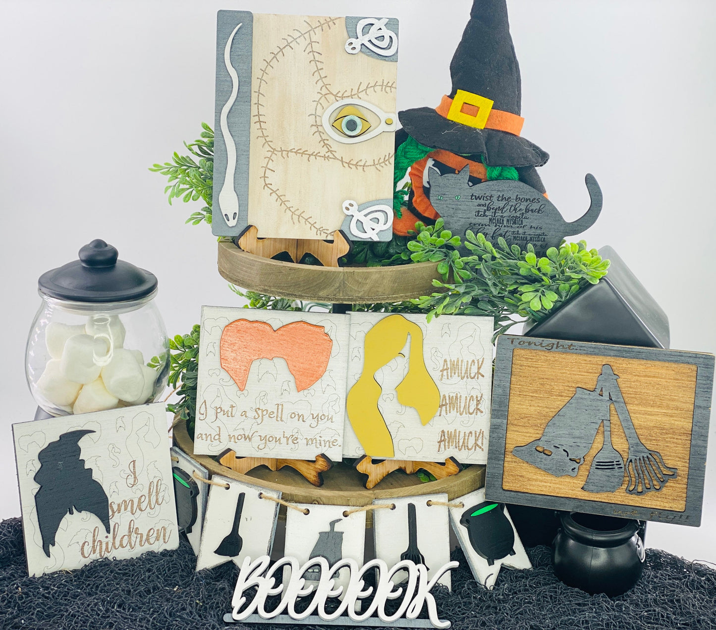 Witch tiered tray decor,home decor,Halloween, spellbook,black cat,put a spell on you,smell children,broom rides,we fly tonight,witches