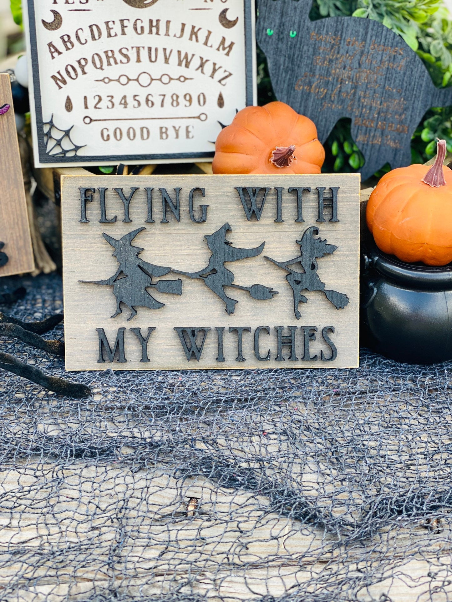 Witches tier tray set, home decor, crystal ball, Witch sisters, ouija board, seance, billy, we fly, halloween,mini signs, brooms, spell book