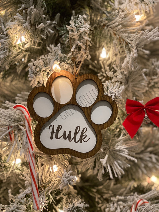 Dog paw Christmas tree ornament, stocking name tag, gift tag, personalized pet ornament FREE SHIPPING
