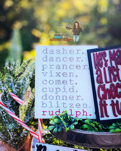 Christmas tier tray decor, Santa stop here, nice list, naughty list, Santa’s reindeer, home decor, Christmas decor, dear Santa, Rudolph