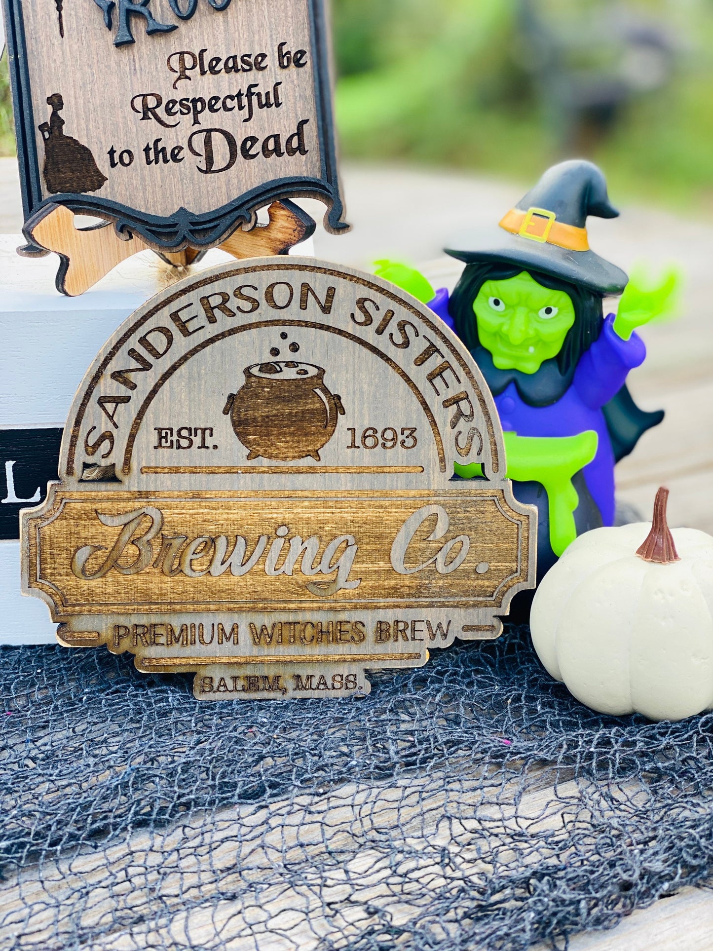 Witches tier tray set, home decor, crystal ball, Witch sisters, ouija board, seance, billy, we fly, halloween,mini signs, brooms, spell book